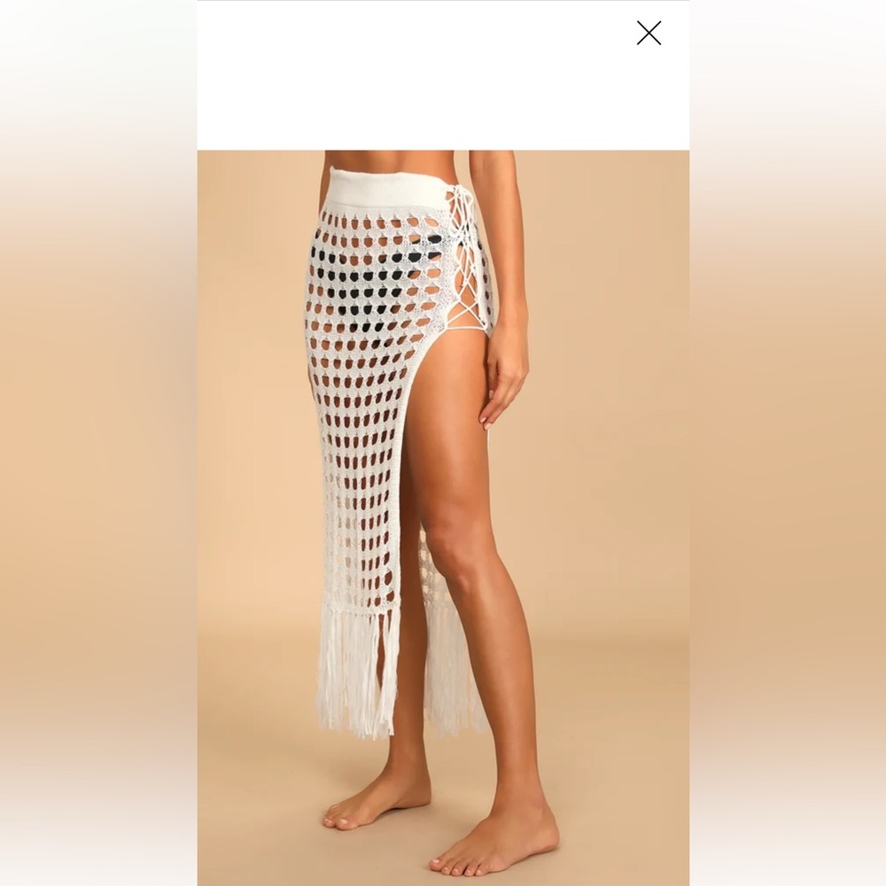 Lulu's White Waffle-Textured Swim Coverup with Fringe